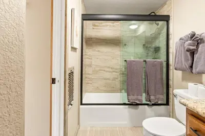 a bathroom with a shower and a toilet and a sink at NEW Summit Lookout in Big Bear Lake