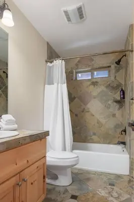 a bathroom with a toilet and a shower and a sink at Sky High Mountain Lodge Lake View in Big Bear Lake
