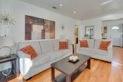 a living room with a couch and a table at North Hollywood Getaway 14 Mi to Downtown! in North Hollywood
