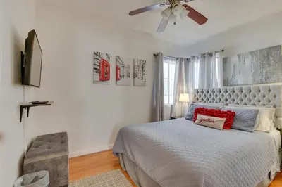 a bedroom with a bed and a ceiling fan at North Hollywood Getaway 14 Mi to Downtown! in North Hollywood