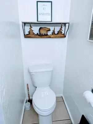 a bathroom with a toilet and a picture of a bear on a shelf at Fox n Bear Cottages Big Bear in Big Bear Lake