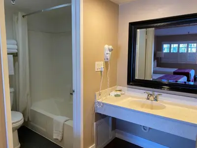 a bathroom with a sink and a mirror and a toilet at The Dixie Orange County in Stanton