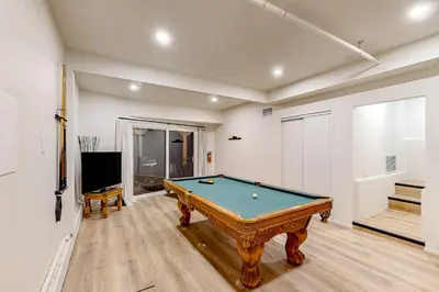 a living room with a pool table in it at Pinecrest Paradise in Crestline