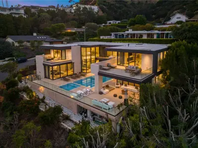 an aerial view of a house with a swimming pool at Swallow Sanctuary in Los Angeles