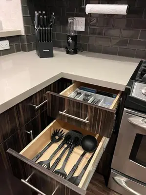 a kitchen with a drawer with utensils in it at Luxury Modern Condo 3-min from Six Flags w/PS5, 1GB Fast Wi-fi Kingbed in Santa Clarita