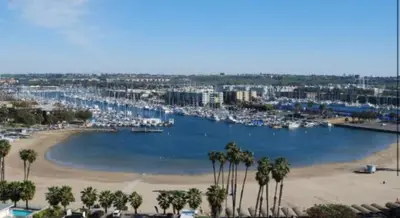 a beach with palm trees and a harbor with boats at Sunny Condo with Panoramic Ocean Views in Los Angeles
