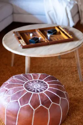 a coffee table with a tray on top of it at Pet & Kid Friendly Cozy Cabin, BBQ, Firepit, Outdoor Dining, Forest Views in Lake Arrowhead