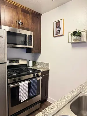 a kitchen with a stove and a microwave at Hollywood Blvd Studio FREE DESIGNATED PARKING & WIFI in Los Angeles