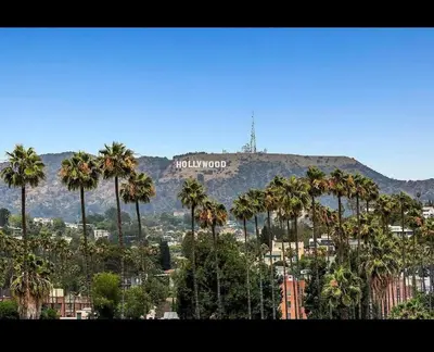 a view of a city with palm trees and a hollywood sign at Hollywood 1Bed Apt w Rooftop pool & Panoramic View in Los Angeles