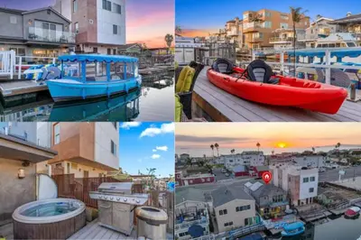 a group of four pictures of boats in a harbor at Voted Airbnb Most Loved Home 2024 Duffy Boat in Huntington Beach