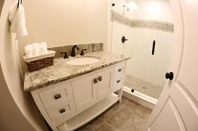 a bathroom with a sink and a shower at Destination #32 in Anaheim