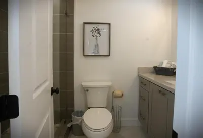 a bathroom with a toilet and a picture on the wall at Destination #47 in Orange