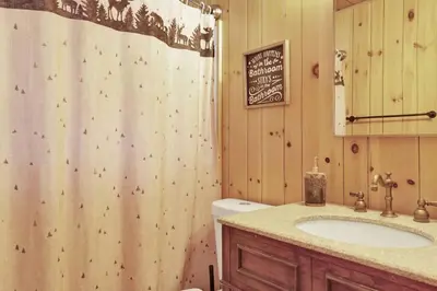 a bathroom with a sink and a shower curtain at Bruin Chalet Big Bear~ Cozy Single Level Retreat Cottage~ in Big Bear Lake