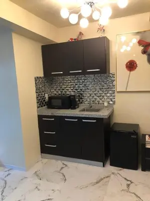 a kitchen with a sink and a microwave at Stylish Apartment in Koreatown! Central Location!! in Los Angeles