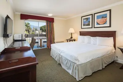 a hotel room with a bed and a desk and a television at Bokai Garden Hotel in Rosemead