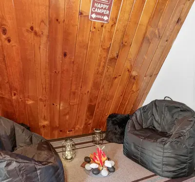 a cat is laying on the floor next to two bags at Cozy Cabin near Resorts and The Village +Mtn views in Big Bear City