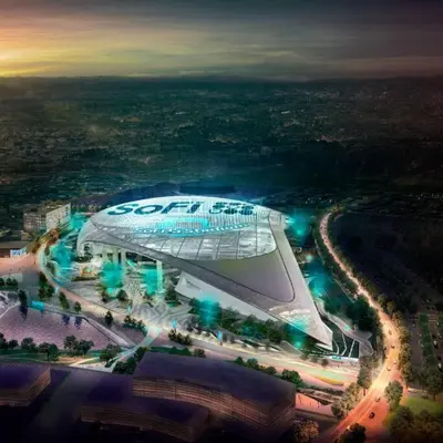 an overhead view of a soccer stadium at night at Cozy 3bed Condo with balcony and a rooftop pool in Los Angeles