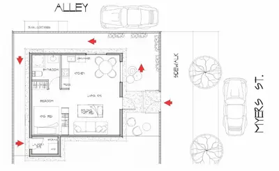 a floor plan of a house with red arrows at Hollywood Family Nest in Burbank, Steps to Studios! in Burbank