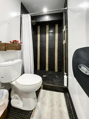 a bathroom with a toilet and a shower at Rumi in Los Angeles