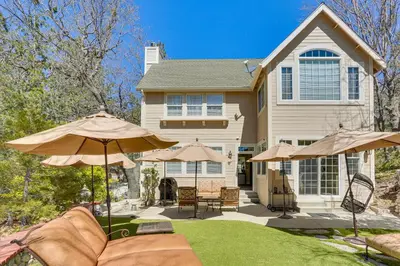 a house with two umbrellas in the yard at Lake Arrowhead Home Mountain View, Walk to Water! in Lake Arrowhead