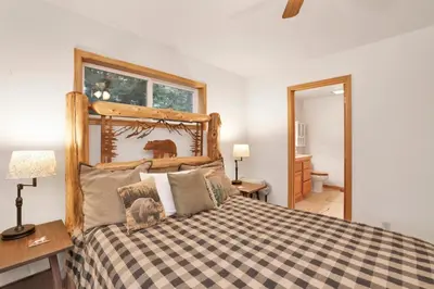 a bedroom with a bed and a desk and a window at Flitterbick lodge #2246 in Fawnskin