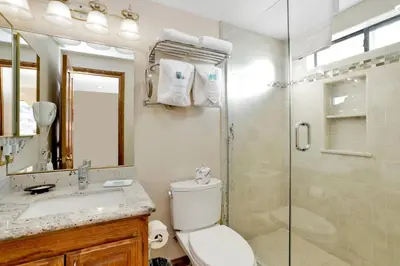 a bathroom with a shower and a toilet and a sink at Forest shores lake view condo #2250 in Big Bear Lake