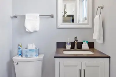 a bathroom with a sink and a mirror at North shore chalet #2173 in Fawnskin