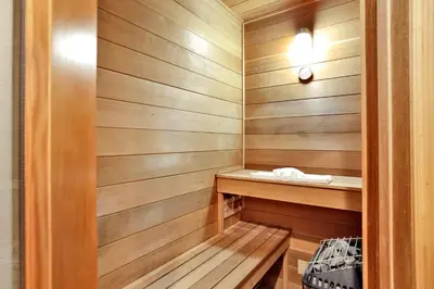 a sauna with a wooden paneled wall at The spa at winterset #2282 in Big Bear Lake