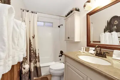 a bathroom with a sink and a toilet and a mirror at Mockingbird mountain getaway #2380 in Big Bear Lake