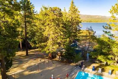 an aerial view of a playground next to a lake at Juniper #105 in Big Bear Lake