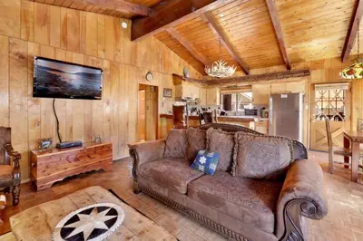 a living room with a brown couch and a tv at Casa catalina #667 in Big Bear Lake