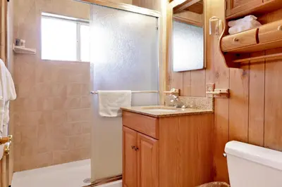 a bathroom with a sink and a shower at Casa catalina #667 in Big Bear Lake