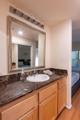 a bathroom with a sink and a mirror at Urban Haven at Orsini in Los Angeles