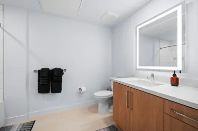 a bathroom with a sink and a toilet and a mirror at Luxury & Modern Apt by the Grove in Los Angeles