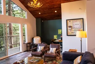 a living room with a couch and chairs at The Mighty Pines Retreat + Large Patio + BBQ+View! in Lake Arrowhead
