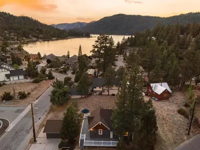 an aerial view of a small town with a lake at Blissful Bay Cabin in Big Bear Lake