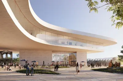 a rendering of a building with people walking outside at Monthier LACMA SI5T8H57 in Los Angeles