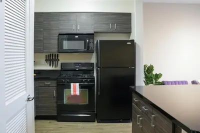 a kitchen with a black refrigerator and a microwave at Los Angeles Modern Studio in Los Angeles