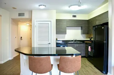 a kitchen with a black counter top and a black refrigerator at Los Angeles Modern Studio in Los Angeles