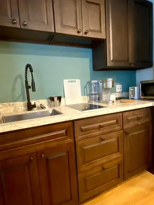a kitchen with wooden cabinets and a sink at Pasadena Old Town in Pasadena