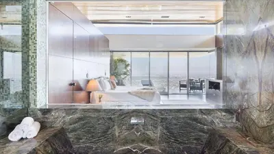 a hotel room with a bed and a large window at Hollywood Overlook by AvantStay Private Pool Hot Tub Panoramic Views in Los Angeles