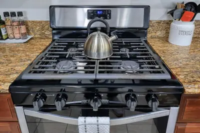 a tea kettle sitting on top of a stove at Idyllic Paradise Near Downtown Los Angeles in Alhambra