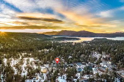 an aerial view of a town with a stop sign at Aspen Glen Modern Retreat in Big Bear Lake