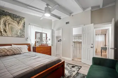 a bedroom with a bed and a ceiling fan at The Perfect Vacation Spot Near Six Flags Magic Mountain in Santa Clarita
