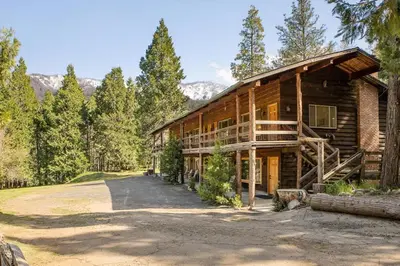 a log cabin in the woods with a driveway at Camp Nelson Lodge Room 2 in Ponderosa