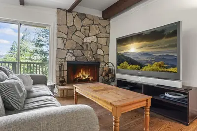 a living room with a fireplace and a tv at Luxe Mountain Retreat Lake Village Close Game Room AC Backs up to trails in Lake Arrowhead