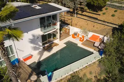 an overhead view of a house with a swimming pool at Luxe in Hollywood Hills- modern oasis, pool 5 min to Sunset in Los Angeles