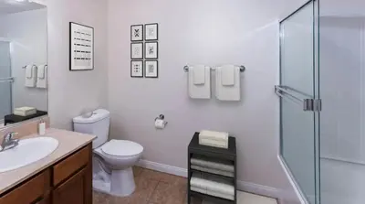 a bathroom with a toilet and a shower and a sink at LALA House -1Br with Free Parking, Pool, Laundry in Los Angeles