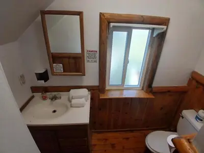 a bathroom with a sink and a mirror and a toilet at Big Bear Lake - Tulip Lane Cabin #22 in Big Bear Lake