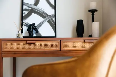 a dressing table with a mirror and a chair at Lovely 1 BD in West Hollywood in Los Angeles